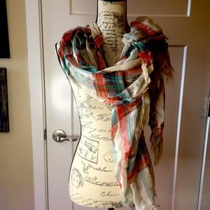 Cream and plaid striped blanket scarf
